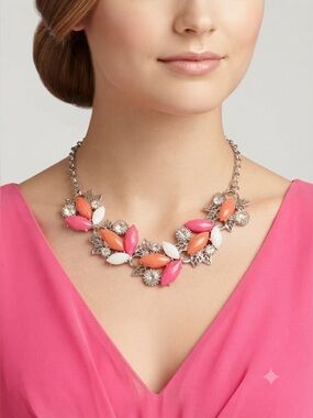 Floral Statement Collar Necklace Pink Orange Marquise Rhinestone Silver Tone